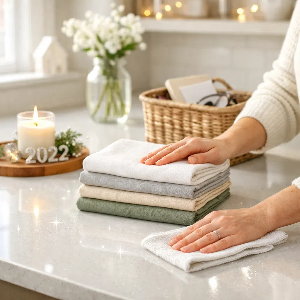 Clean and peaceful New Year cleaning ritual setup with tidy surfaces and natural light symbolizing fresh energy and renewal