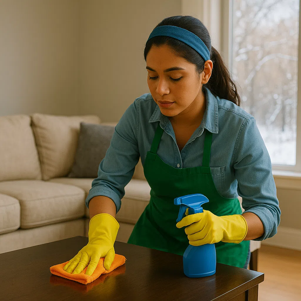 Latina woman cleaning a living room in Omaha during winter
