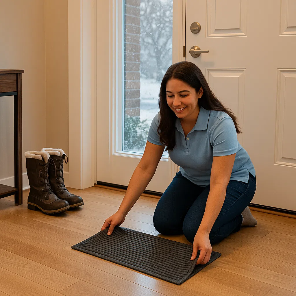Woman placing a doormat in a clean home after a cleaning service in Omaha.