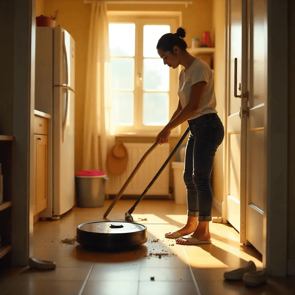 Professional maid services Omaha cleaning family home living room with toys and robot vacuum nearby.